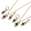 Juego de Arete y Dije de Adulto 10.196.0027 Oro Laminado, Diseño de Osito y Corazón, con Verde Zirconia Cubica and Blanca Micro Pave, Pulido, Tono Dorado