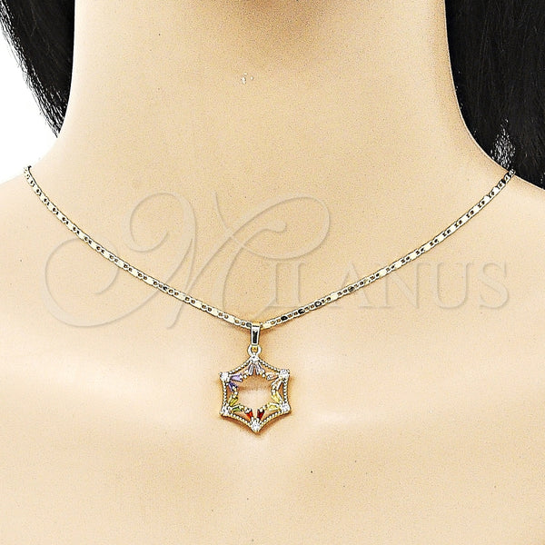 Juego de Arete y Dije de Adulto 10.196.0034 Oro Laminado, Diseño de Estrella y Baguette, con Multicolor and Blanca Zirconia Cubica, Pulido, Tono Dorado