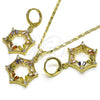 Juego de Arete y Dije de Adulto 10.196.0034 Oro Laminado, Diseño de Estrella y Baguette, con Multicolor and Blanca Zirconia Cubica, Pulido, Tono Dorado