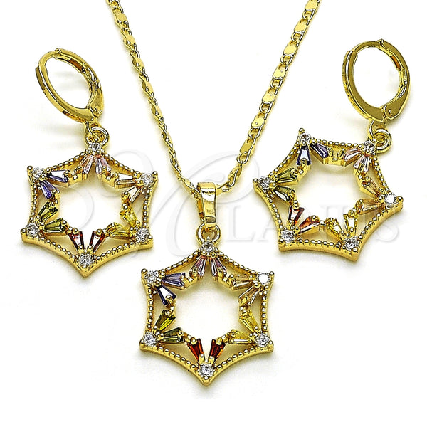 Juego de Arete y Dije de Adulto 10.196.0034 Oro Laminado, Diseño de Estrella y Baguette, con Multicolor and Blanca Zirconia Cubica, Pulido, Tono Dorado