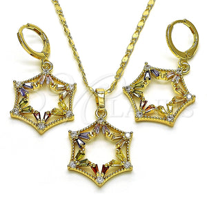 Juego de Arete y Dije de Adulto 10.196.0034 Oro Laminado, Diseño de Estrella y Baguette, con Multicolor and Blanca Zirconia Cubica, Pulido, Tono Dorado