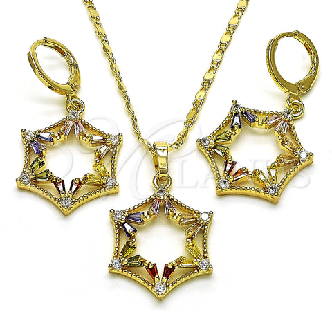Juego de Arete y Dije de Adulto 10.196.0034 Oro Laminado, Diseño de Estrella y Baguette, con Multicolor and Blanca Zirconia Cubica, Pulido, Tono Dorado