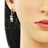 Juego de Arete y Dije de Adulto 10.196.0035 Oro Laminado, Diseño de Osito, con Negro Zirconia Cubica, Esmaltado Rosado, Tono Dorado