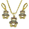 Juego de Arete y Dije de Adulto 10.196.0043 Oro Laminado, Diseño de Osito, con Multicolor Micro Pave, Pulido, Tono Dorado