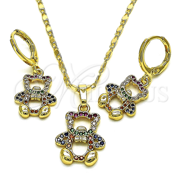 Juego de Arete y Dije de Adulto 10.196.0043 Oro Laminado, Diseño de Osito, con Multicolor Micro Pave, Pulido, Tono Dorado