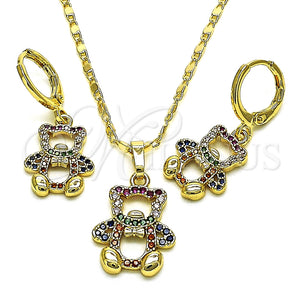 Juego de Arete y Dije de Adulto 10.196.0043 Oro Laminado, Diseño de Osito, con Multicolor Micro Pave, Pulido, Tono Dorado