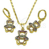 Juego de Arete y Dije de Adulto 10.196.0043 Oro Laminado, Diseño de Osito, con Multicolor Micro Pave, Pulido, Tono Dorado