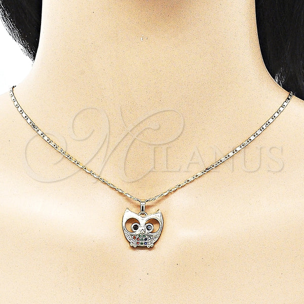 Juego de Arete y Dije de Adulto 10.196.0049 Oro Laminado, Diseño de Búho, con Multicolor Micro Pave and Negro Zirconia Cubica, Pulido, Tono Dorado