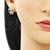 Juego de Arete y Dije de Adulto 10.196.0049 Oro Laminado, Diseño de Búho, con Multicolor Micro Pave and Negro Zirconia Cubica, Pulido, Tono Dorado