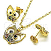 Juego de Arete y Dije de Adulto 10.196.0049 Oro Laminado, Diseño de Búho, con Multicolor Micro Pave and Negro Zirconia Cubica, Pulido, Tono Dorado