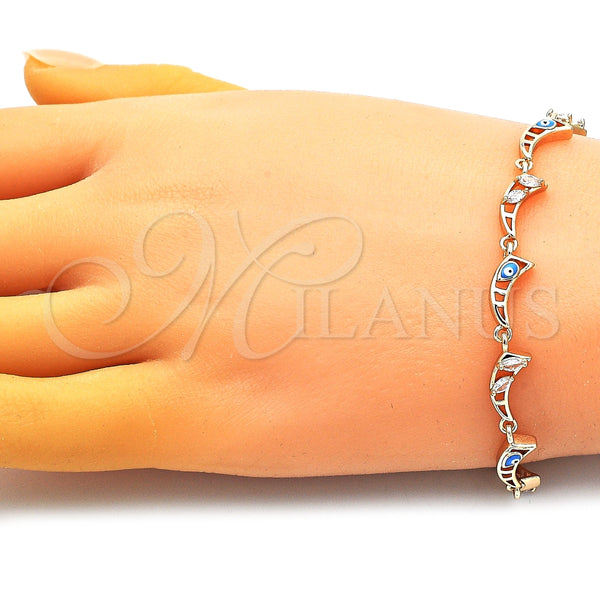 Pulsera Elegante 03.196.0003.07 Oro Laminado, Diseño de Luna y Ojo Griego, con Blanca Zirconia Cubica, Esmaltado Turquesa, Tono Dorado (06 MM Thickness, 7 Inches Length)
