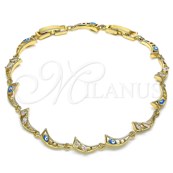 Pulsera Elegante 03.196.0003.07 Oro Laminado, Diseño de Luna y Ojo Griego, con Blanca Zirconia Cubica, Esmaltado Turquesa, Tono Dorado (06 MM Thickness, 7 Inches Length)