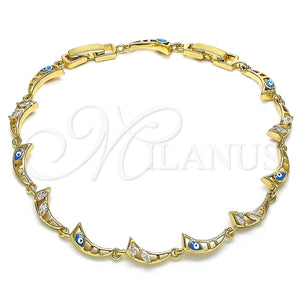 Pulsera Elegante 03.196.0003.07 Oro Laminado, Diseño de Luna y Ojo Griego, con Blanca Zirconia Cubica, Esmaltado Turquesa, Tono Dorado (06 MM Thickness, 7 Inches Length)