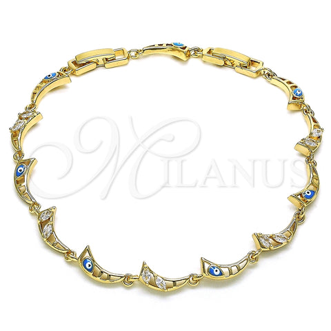 Pulsera Elegante 03.196.0003.07 Oro Laminado, Diseño de Luna y Ojo Griego, con Blanca Zirconia Cubica, Esmaltado Turquesa, Tono Dorado (06 MM Thickness, 7 Inches Length)