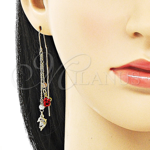 Arete Violador 02.253.0035 Oro Laminado, Diseño de Delfín y Flor, con Rubi and Blanca Zirconia Cubica, Pulido, Tres Tonos
