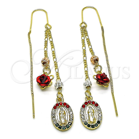 Arete Violador 02.253.0037 Oro Laminado, Diseño de Guadalupe y Flor, con Multicolor Cristal, Pulido, Tres Tonos