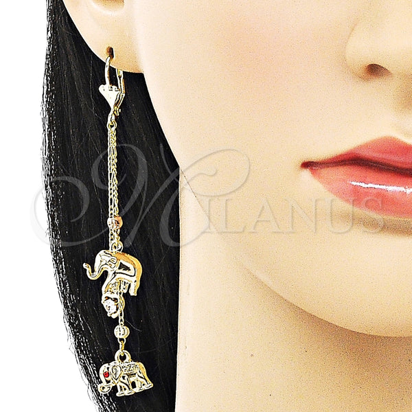 Arete Largo 02.253.0038 Oro Laminado, Diseño de Elefante y Corazón, con Blanca Zirconia Cubica and Granate Cristal, Pulido, Tres Tonos