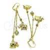 Arete Largo 02.253.0038 Oro Laminado, Diseño de Elefante y Corazón, con Blanca Zirconia Cubica and Granate Cristal, Pulido, Tres Tonos