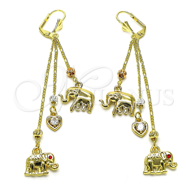 Arete Largo 02.253.0038 Oro Laminado, Diseño de Elefante y Corazón, con Blanca Zirconia Cubica and Granate Cristal, Pulido, Tres Tonos