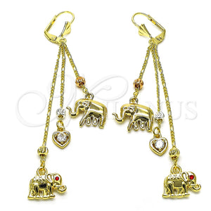 Arete Largo 02.253.0038 Oro Laminado, Diseño de Elefante y Corazón, con Blanca Zirconia Cubica and Granate Cristal, Pulido, Tres Tonos