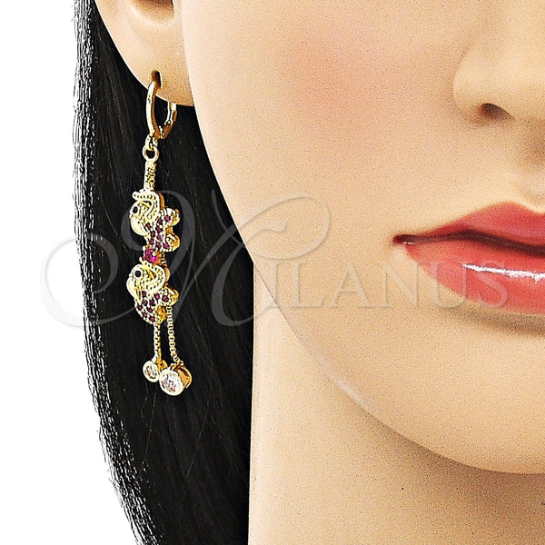 Arete Largo 02.316.0080 Oro Laminado, Diseño de Box y Elefante, con Rubi and Negro Micro Pave, Pulido, Tono Dorado