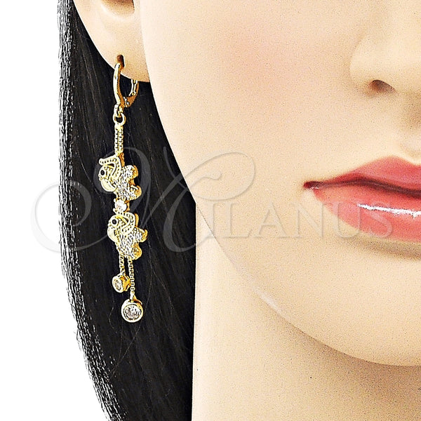 Arete Largo 02.316.0080.1 Oro Laminado, Diseño de Box y Elefante, con Blanca and Negro Micro Pave, Pulido, Tono Dorado