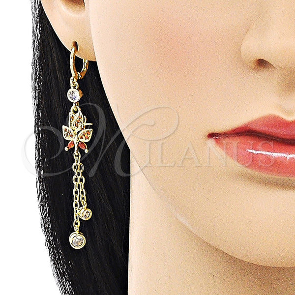Arete Largo 02.316.0083 Oro Laminado, Diseño de Rolo y Mariposa, con Granate Micro Pave and Granate Zirconia Cubica, Pulido, Tono Dorado