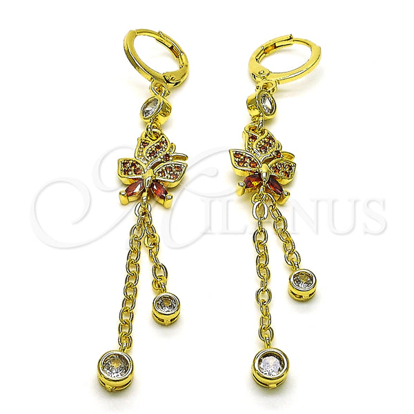 Arete Largo 02.316.0083 Oro Laminado, Diseño de Rolo y Mariposa, con Granate Micro Pave and Granate Zirconia Cubica, Pulido, Tono Dorado