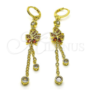 Arete Largo 02.316.0083 Oro Laminado, Diseño de Rolo y Mariposa, con Granate Micro Pave and Granate Zirconia Cubica, Pulido, Tono Dorado