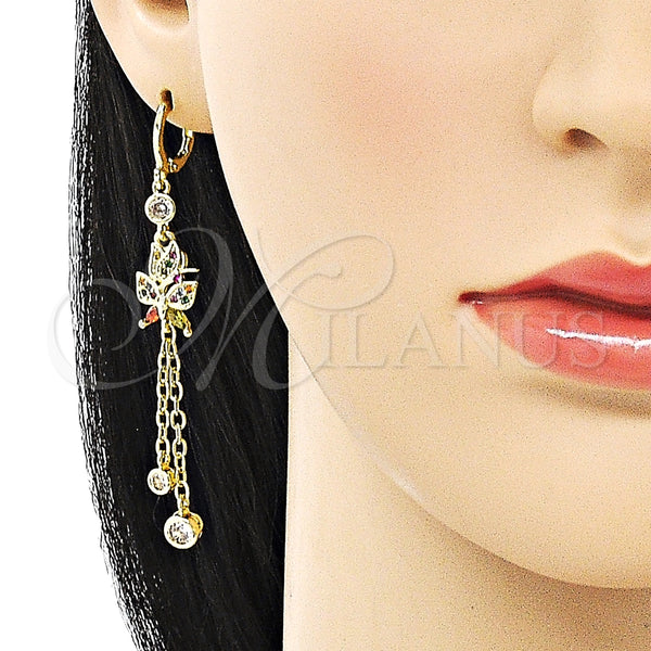 Arete Largo 02.316.0083.1 Oro Laminado, Diseño de Rolo y Mariposa, con Multicolor Micro Pave and Multicolor Zirconia Cubica, Pulido, Tono Dorado