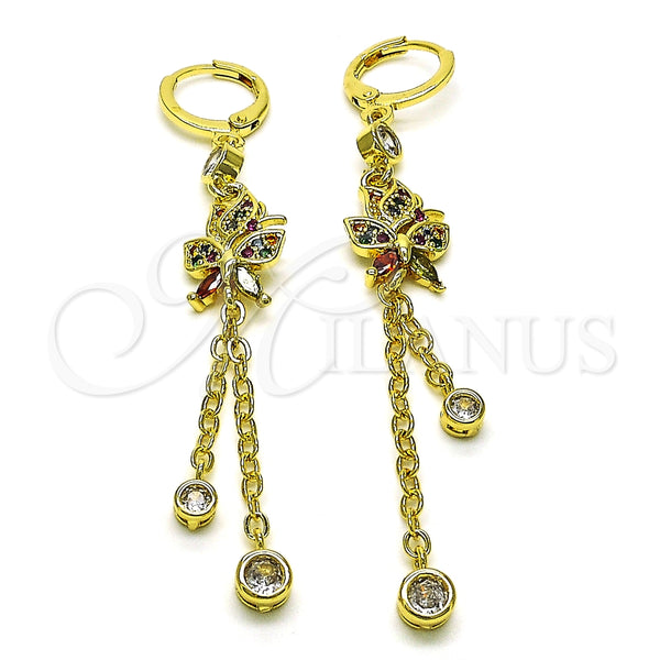 Arete Largo 02.316.0083.1 Oro Laminado, Diseño de Rolo y Mariposa, con Multicolor Micro Pave and Multicolor Zirconia Cubica, Pulido, Tono Dorado