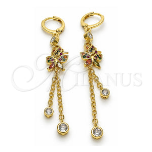 Arete Largo 02.316.0083.1 Oro Laminado, Diseño de Rolo y Mariposa, con Micro Pave Multicolor y Zirconia Cubica Multicolor, Pulido, Tono Dorado