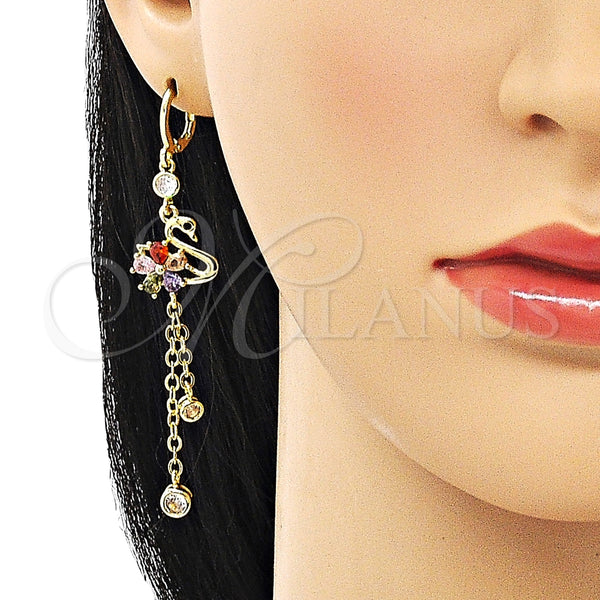 Arete Largo 02.316.0084 Oro Laminado, Diseño de Rolo y Cisne, con Negro Micro Pave and Multicolor Zirconia Cubica, Pulido, Tono Dorado
