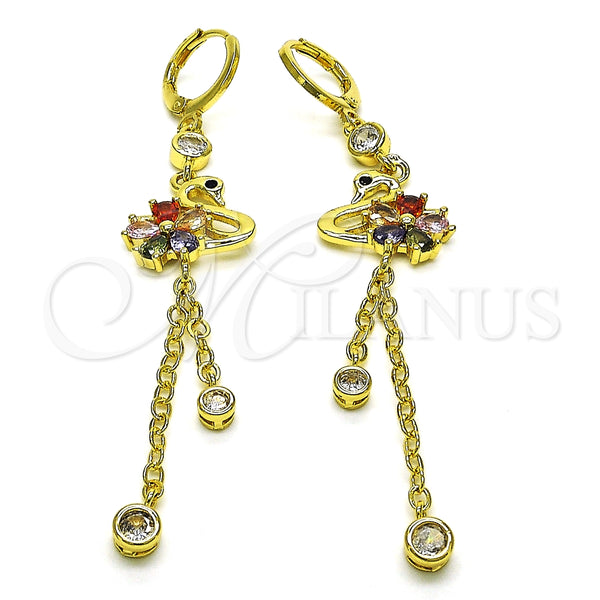 Arete Largo 02.316.0084 Oro Laminado, Diseño de Rolo y Cisne, con Negro Micro Pave and Multicolor Zirconia Cubica, Pulido, Tono Dorado