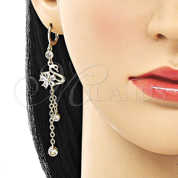 Arete Largo 02.316.0084.1 Oro Laminado, Diseño de Rolo y Cisne, con Negro Micro Pave and Blanca Zirconia Cubica, Pulido, Tono Dorado