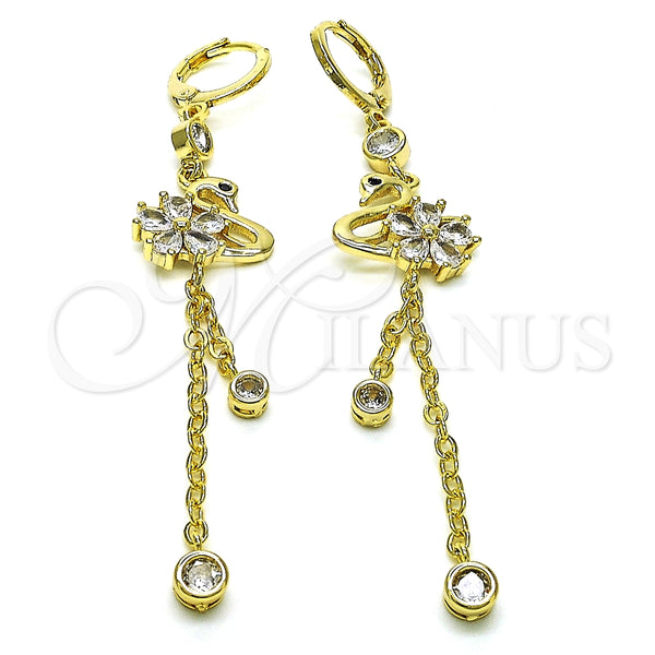 Arete Largo 02.316.0084.1 Oro Laminado, Diseño de Rolo y Cisne, con Negro Micro Pave and Blanca Zirconia Cubica, Pulido, Tono Dorado