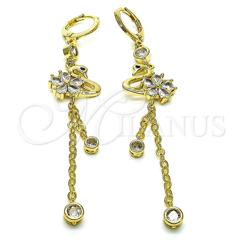Arete Largo 02.316.0084.1 Oro Laminado, Diseño de Rolo y Cisne, con Negro Micro Pave and Blanca Zirconia Cubica, Pulido, Tono Dorado