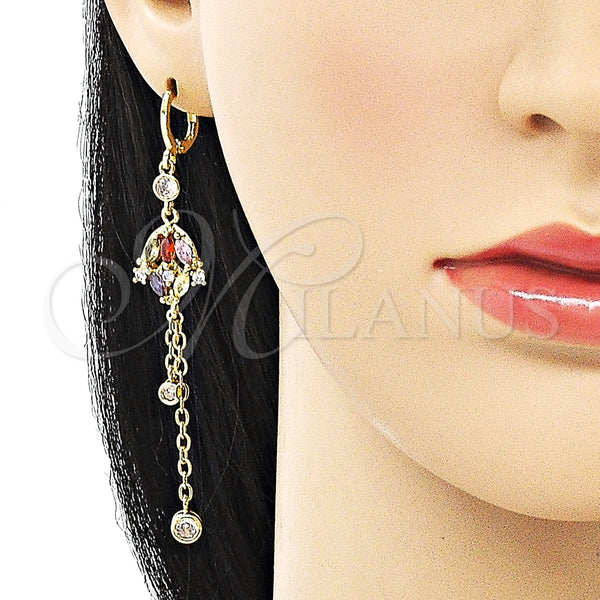 Arete Largo 02.316.0085 Oro Laminado, Diseño de Rolo y Rana, con Multicolor and Blanca Zirconia Cubica, Pulido, Tono Dorado