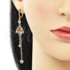 Arete Largo 02.316.0085 Oro Laminado, Diseño de Rolo y Rana, con Multicolor and Blanca Zirconia Cubica, Pulido, Tono Dorado
