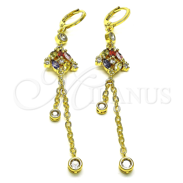 Arete Largo 02.316.0085 Oro Laminado, Diseño de Rolo y Rana, con Multicolor and Blanca Zirconia Cubica, Pulido, Tono Dorado
