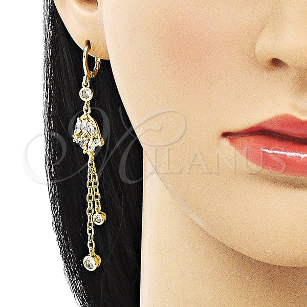 Arete Largo 02.316.0085.1 Oro Laminado, Diseño de Rolo y Rana, con Blanca Zirconia Cubica, Pulido, Tono Dorado