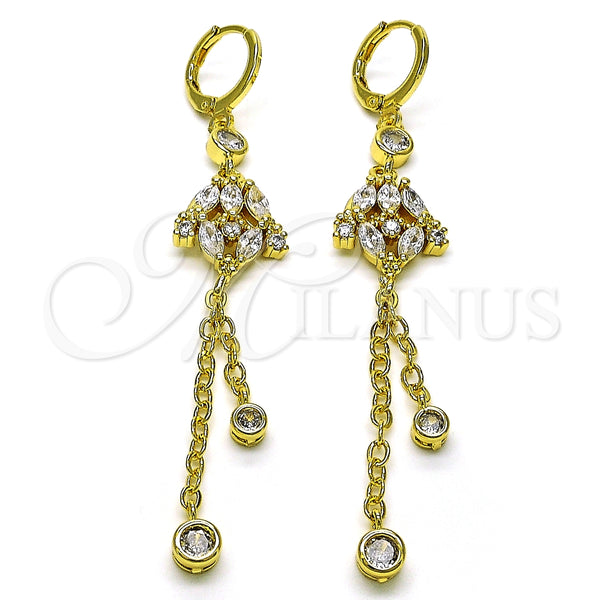 Arete Largo 02.316.0085.1 Oro Laminado, Diseño de Rolo y Rana, con Blanca Zirconia Cubica, Pulido, Tono Dorado