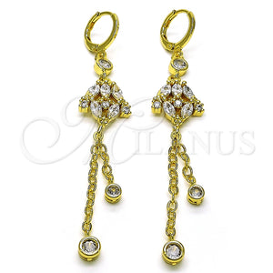 Arete Largo 02.316.0085.1 Oro Laminado, Diseño de Rolo y Rana, con Blanca Zirconia Cubica, Pulido, Tono Dorado