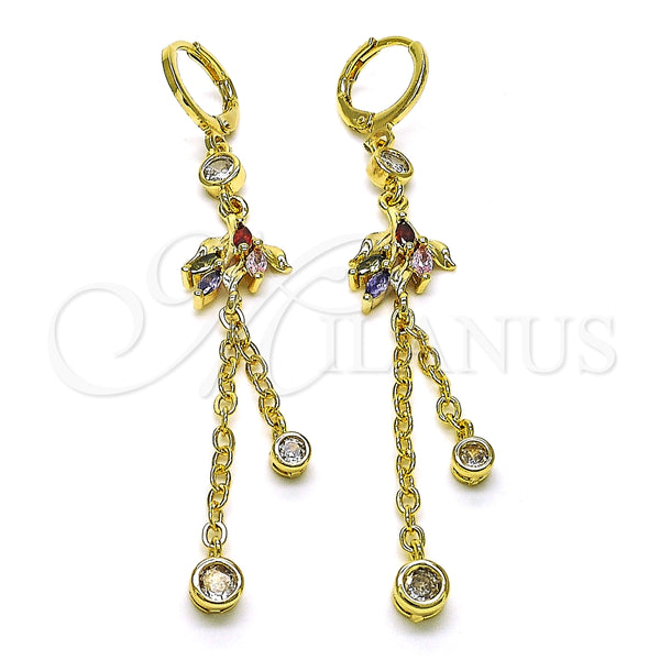 Arete Largo 02.316.0086 Oro Laminado, Diseño de Rolo y Oja, con Multicolor and Blanca Zirconia Cubica, Pulido, Tono Dorado