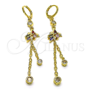Arete Largo 02.316.0086 Oro Laminado, Diseño de Rolo y Oja, con Multicolor and Blanca Zirconia Cubica, Pulido, Tono Dorado
