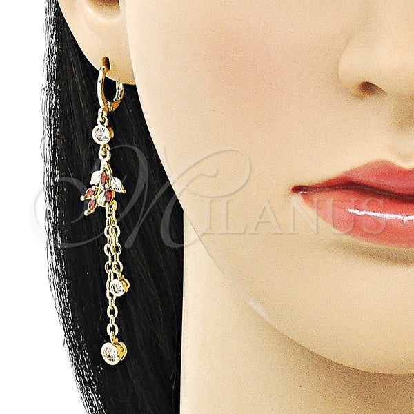 Arete Largo 02.316.0086.1 Oro Laminado, Diseño de Rolo y Oja, con Granate and Blanca Zirconia Cubica, Pulido, Tono Dorado