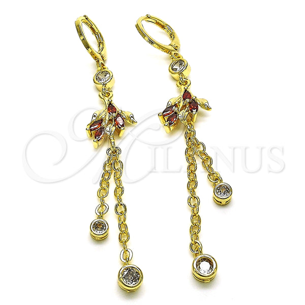 Arete Largo 02.316.0086.1 Oro Laminado, Diseño de Rolo y Oja, con Granate and Blanca Zirconia Cubica, Pulido, Tono Dorado