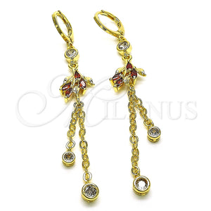 Arete Largo 02.316.0086.1 Oro Laminado, Diseño de Rolo y Oja, con Granate and Blanca Zirconia Cubica, Pulido, Tono Dorado