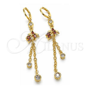 Arete Largo 02.316.0086.1 Oro Laminado, Diseño de Rolo y Oja, con Zirconia Cubica Granate y Blanca, Pulido, Tono Dorado