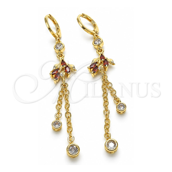 Arete Largo 02.316.0086.1 Oro Laminado, Diseño de Rolo y Oja, con Zirconia Cubica Granate y Blanca, Pulido, Tono Dorado